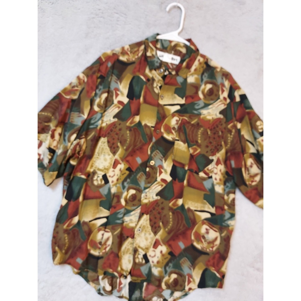 Vintage Whooos Shirt Men Large 100% Rayon Abstract Colorful Art Graphics Brown